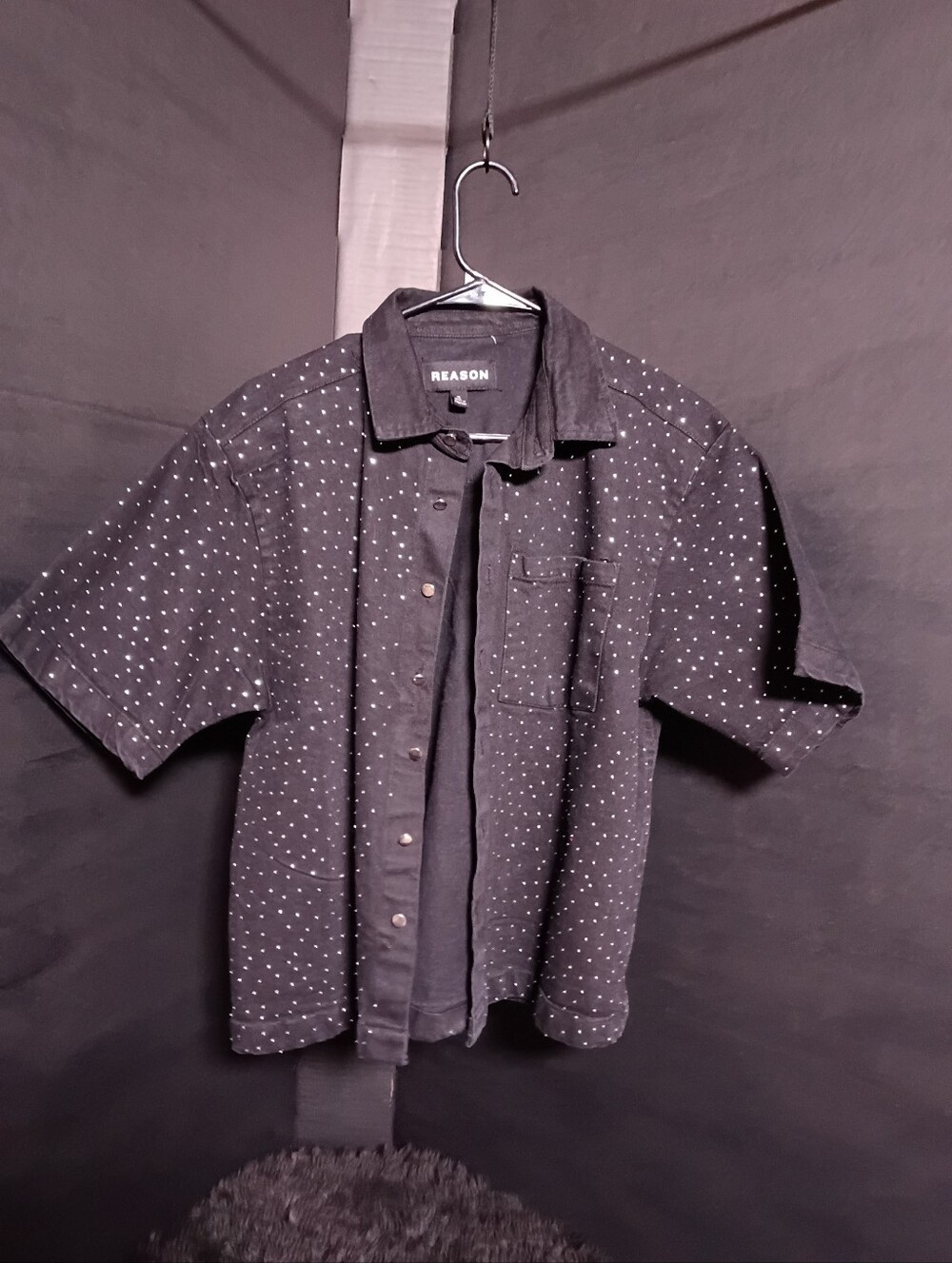 Reason Rhinestone Boxy Fit Button Up Short Sleeve